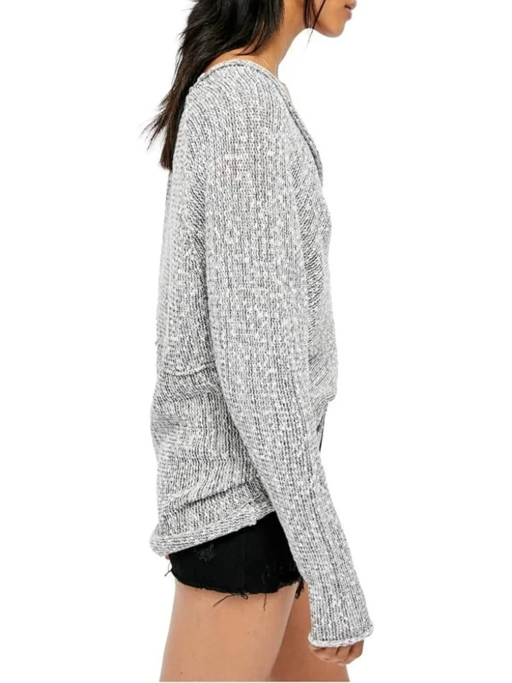 Free‎ People Bright Lights Dolman V-Neck Sweater Gray Marled Chunky Knit Size M